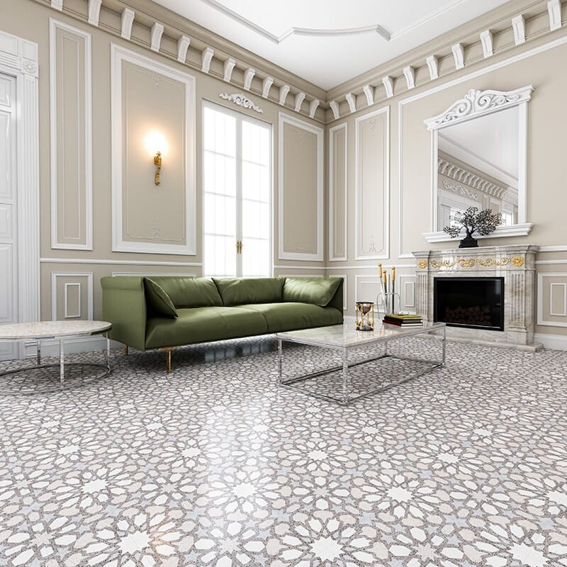Baldosa de cemento Bel Canto pulida de 8×8 pulgadas en colores marrón, marrón claro, beige y gris (TL18424)