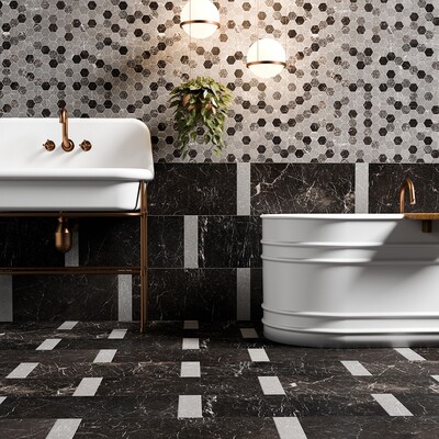Iris Black Honed Marble Tile 12×24 (TL19268) Iris Black Honed Marble Tile 3×12 (TL19267) Iris Black Textura Hexagon Marble Mosaic 10 3/8×12 (MS02007) Iris Black Leather Marble Tile 3×12 (TL19226)