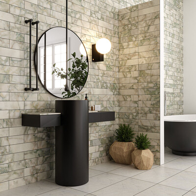 Calacatta Green Honed Subway Marble Tile 3×12 (TL20301) White Pearl Honed  Marble Tile 12×24 (TL19189)