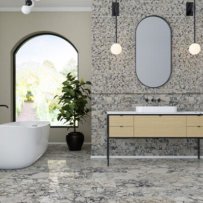 Calacatta Picasso Polished  Marble Tile 12×24 (TL21001) Calacatta Picasso Honed Subway Marble Tile 3×12 (TL21076) Calacatta Picasso Honed Hexagon 1×1 Marble Mosaic 12×12 (MS02570) Calacatta Picasso Honed Flatiron Marble Moldings 1×12 (ML01112)