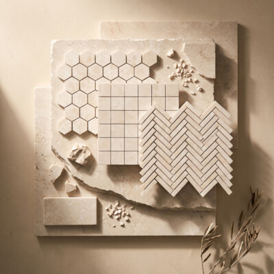 Crema Marfil T Honed Marble Tiles 12×24 (TL21804) Crema Marfil T Honed 2×2 Marble Mosaics 12×12 (MS02994) Crema Marfil T Honed Herringbone 5/8×3 Marble Mosaics 10 7/16×12 13/16 (MS02992) Crema Marfil T Honed Hexagon 2 Marble Mosaics 10 3/8×12 (MS02993) Room Scene Image