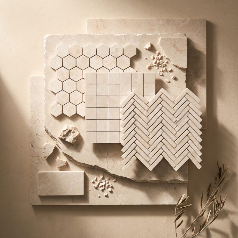 Crema Marfil T Honed Marble Tiles 12×24 (TL21804) Crema Marfil T Honed 2×2 Marble Mosaics 12×12 (MS02994) Crema Marfil T Honed Herringbone 5/8×3 Marble Mosaics 10 7/16×12 13/16 (MS02992) Crema Marfil T Honed Hexagon 2 Marble Mosaics 10 3/8×12 (MS02993)