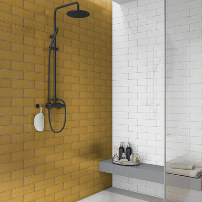 Pico Gold Matte  Thin Brick Tile 2 1/8×7 1/2 (TL60039) White Brick Glossy  Thin Brick Tile 2 1/8×7 1/2 (TL60053)