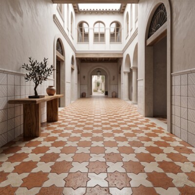Zuni 3 Square 1/2 Glazed Terracotta Tiles 6×6 (TL80186) Diana Royal, Rustic Terracotta Honed Crocelle Marble Mosaics 11 11/16x 11 11/16 (YNR90453) Room Scene Image