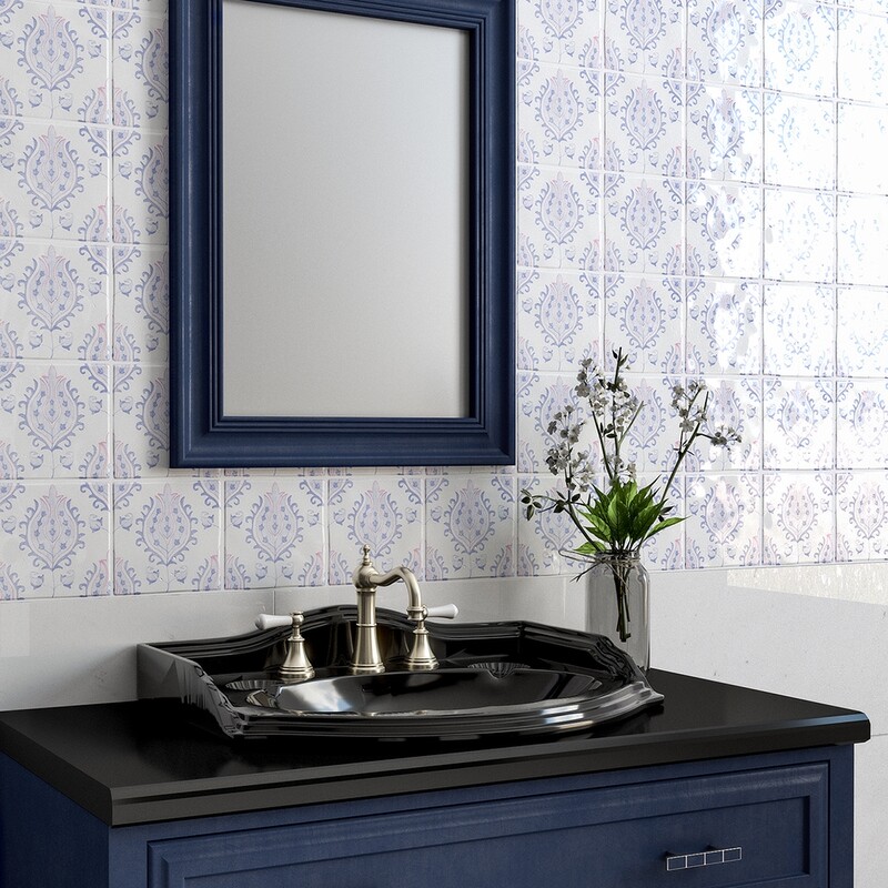 Indigo Wash Tulips Glossy Glazed Terracotta Tiles 6×6