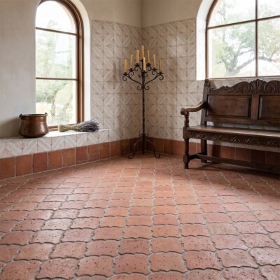 Catania Bianco Glossy Ceramic Tiles 6×6 (TL80394) Cotto Med Natural Fan Shape Terracotta Tiles 6 3/4×6 1/2 (TL90809) Room Scene Image
