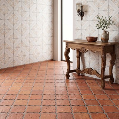 Catania Bianco Glossy Ceramic Tiles 6×6 (TL80394) Cotto Med Natural Fan Shape Terracotta Tiles 6 3/4×6 1/2 (TL90809) Room Scene Image