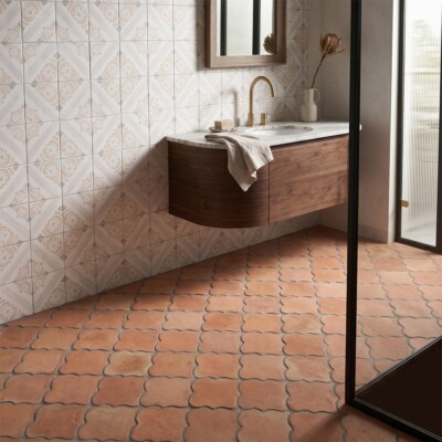 Catania Bianco Glossy Ceramic Tiles 6×6 (TL80394) Cotto Med Natural Fan Shape Terracotta Tiles 6 3/4×6 1/2 (TL90809) Room Scene Image