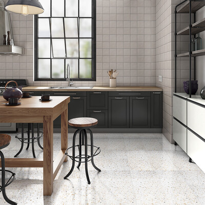 Simons Matte  Glazed Terracotta Tile 6×6 (TL80708) Orizzonte Polished  Terrazzo Tile 24×24 (TL91171)
