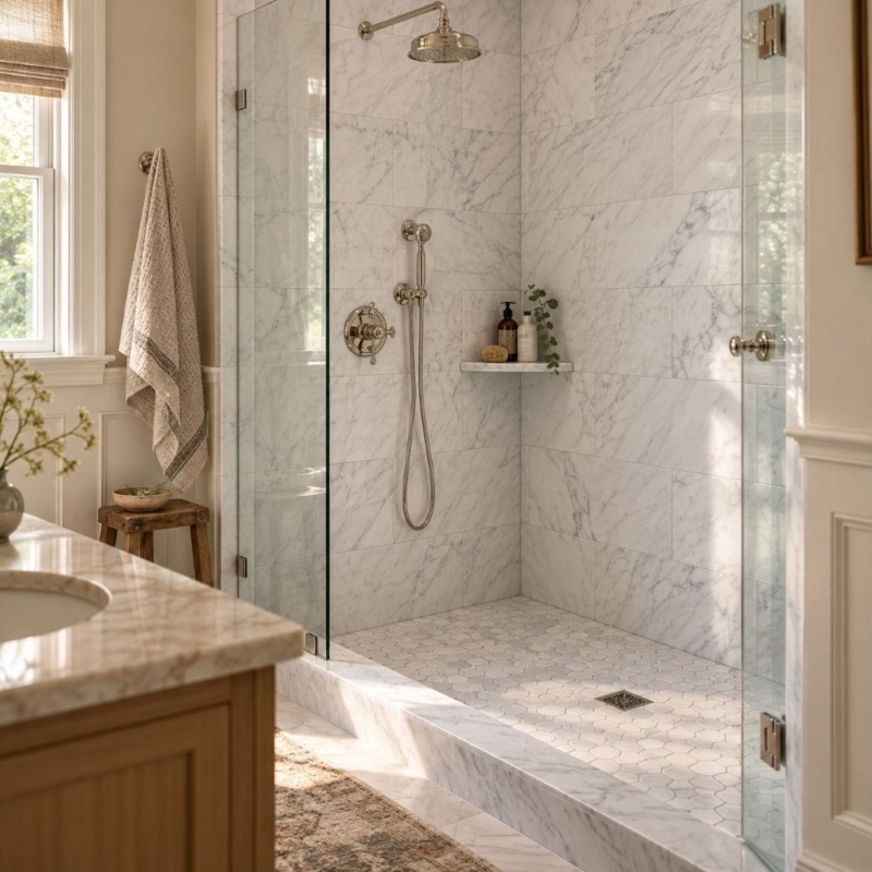 White Carrara Honed Marble Tile 12×24 (TL90435), White Carrara Honed Hexagon 2 Marble Mosaics 12×12 (MS90090)