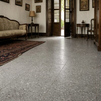 Steel Honed Terrazzo Tiles 24×24 (TL91001) Room Scene Image