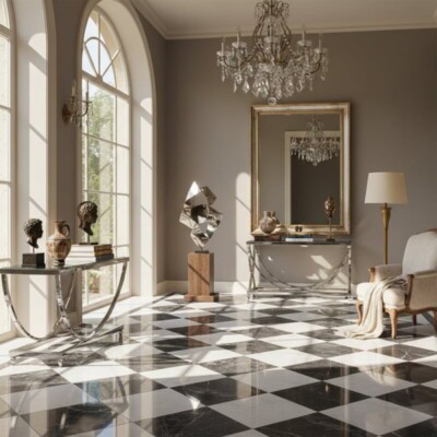 Bianco Dolomiti Classic, Black Honed Checkerboard Pattern Marble Tiles 18×18 (TL91360) Room Scene Image