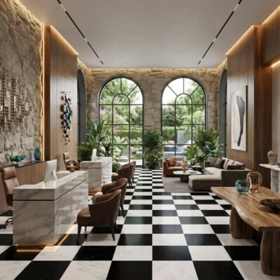 Avalon, Black Polished Checkerboard Pattern Marble Tiles 18×18 (TL91361) Room Scene Image