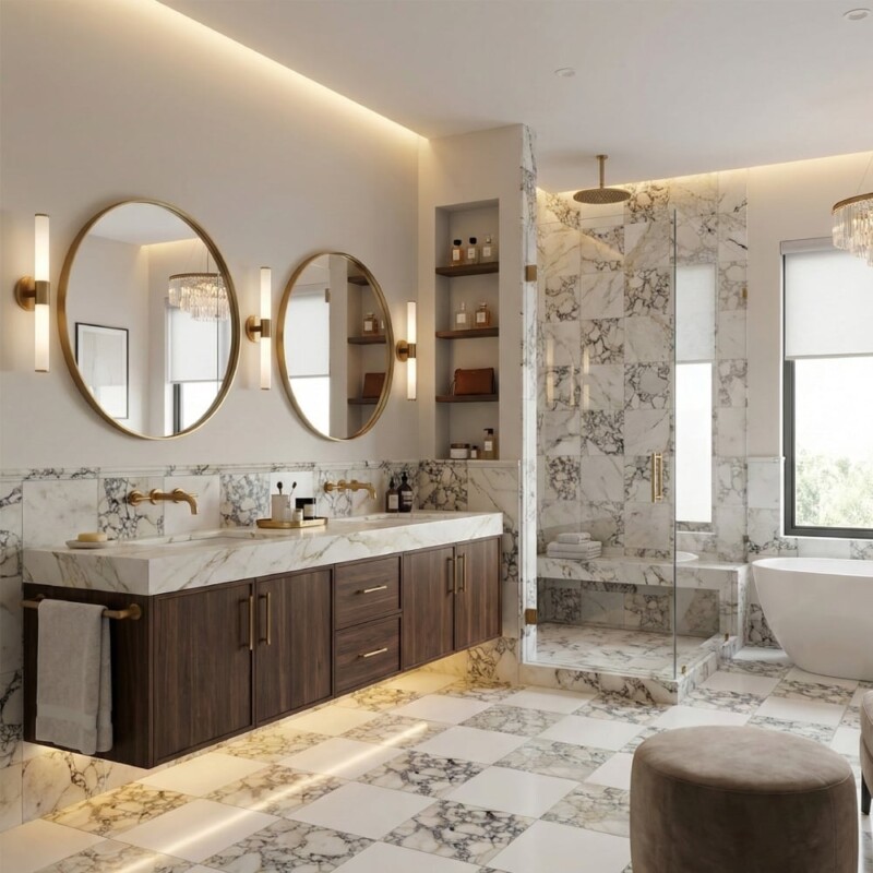 Aspen White, Calacatta Picasso Honed Checkerboard Pattern Marble Tiles 18×18
