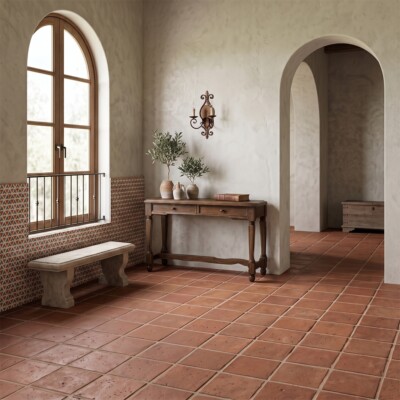 Rustic Terracotta Tile 12×12 (calibrated) (TL91365) Zuni 2 Square 1/2 Glazed Terracotta Tiles 6×6 (TL80208) Room Scene Image