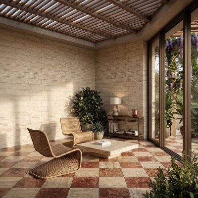 Scabas Red Honed Blend Travertine Tiles 12×12 (TL91383) Roman Travertine, Roman Honed Blend Travertine Tiles 12×12 (TL91388) Room Scene Image