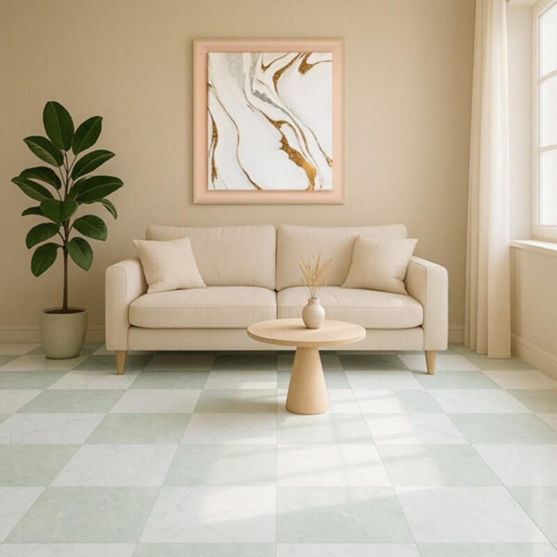 Мраморная плитка Ming Green, Thassos White с полированным шахматным узором, размер 12×12 дюймов.