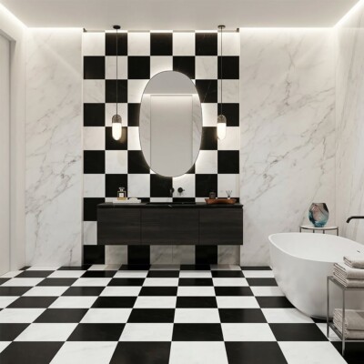 Black, Calacatta Bella Honed Checkerboard Pattern Marble Tiles 12×12 (TL91743) Room Scene Image