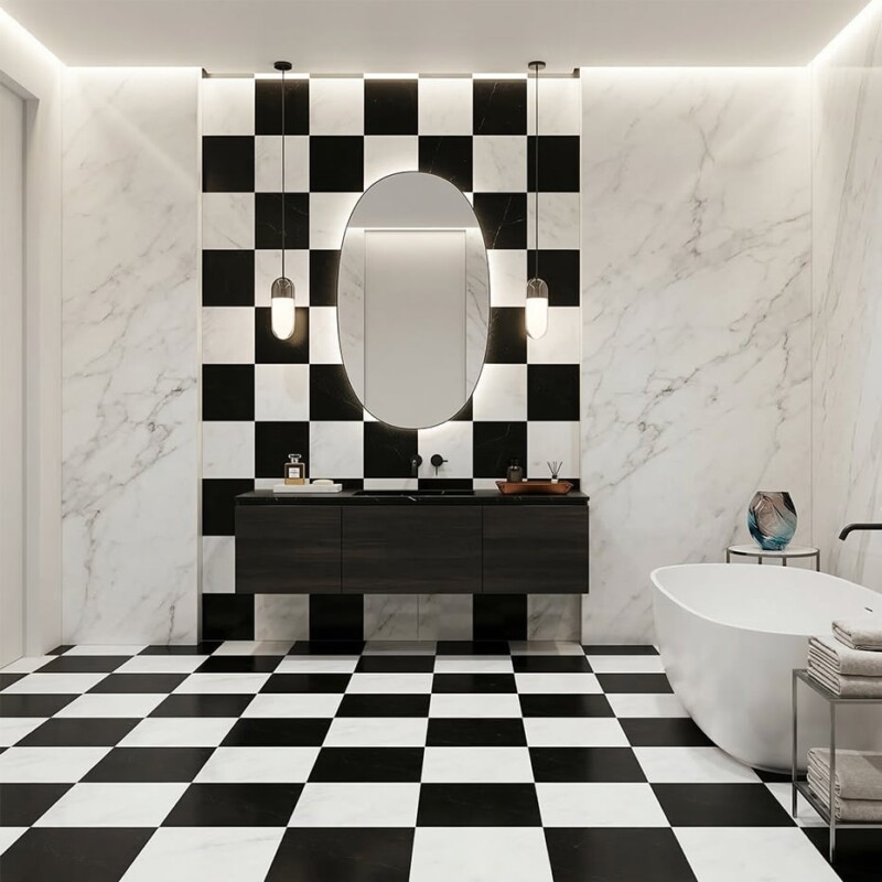 Black, Calacatta Bella Honed Checkerboard Pattern Marble Tiles 12×12