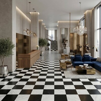 Black, Calacatta Bella Honed Checkerboard Pattern Marble Tiles 12×12 (TL91743) Room Scene Image
