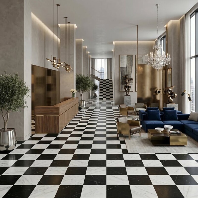 Black, Calacatta Bella Honed Checkerboard Pattern Marble Tiles 12×12