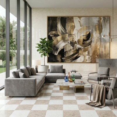 Glacier, Silver Shadow Honed Checkerboard Pattern Marble Tiles 12×12 (TL91744) Room Scene Image