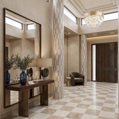 Glacier, Silver Shadow Honed Checkerboard Pattern Marble Tiles 12×12 (TL91744) Room Scene Image
