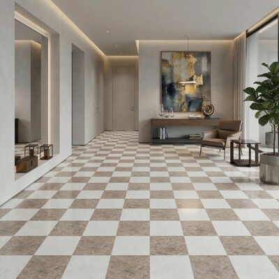 Glacier, Silver Shadow Honed Checkerboard Pattern Marble Tiles 12×12 (TL91744) Room Scene Image