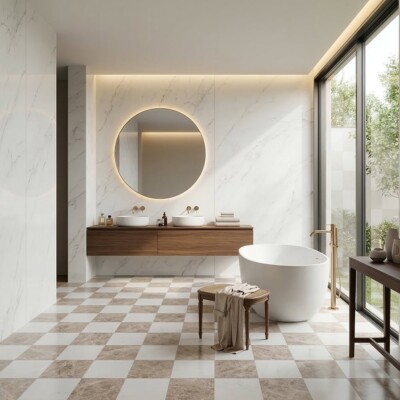 Glacier, Silver Shadow Honed Checkerboard Pattern Marble Tiles 12×12 (TL91744) Room Scene Image