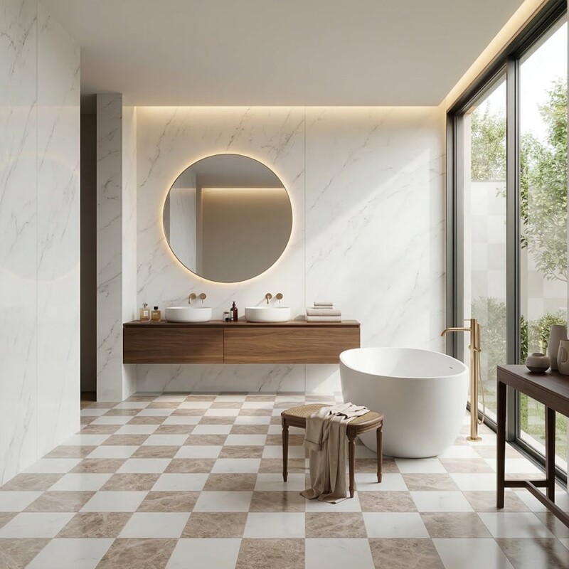 Glacier, Silver Shadow Honed Checkerboard Pattern Marble Tiles 12×12