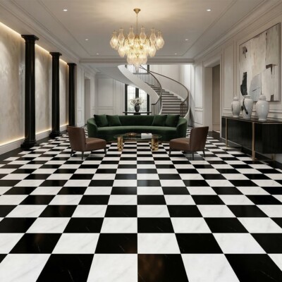 Avalon, Black Polished Checkerboard Pattern Marble Tiles 12×12 (TL91745) Room Scene Image