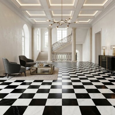 Avalon, Black Polished Checkerboard Pattern Marble Tiles 12×12 (TL91745) Room Scene Image