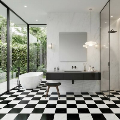 Avalon, Black Polished Checkerboard Pattern Marble Tiles 12×12 (TL91745) Room Scene Image