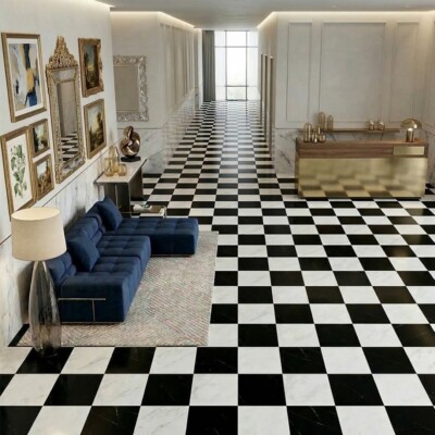 Black, Calacatta Bella Polished Checkerboard Pattern Marble Tiles 12×12 (TL91746) Room Scene Image