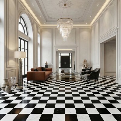 Black, Calacatta Bella Polished Checkerboard Pattern Marble Tiles 12×12 (TL91746) Room Scene Image