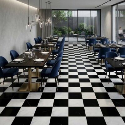Black, Calacatta Bella Polished Checkerboard Pattern Marble Tiles 12×12 (TL91746) Room Scene Image