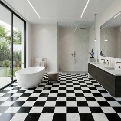 Black, Calacatta Bella Polished Checkerboard Pattern Marble Tiles 12×12 (TL91746) Room Scene Image