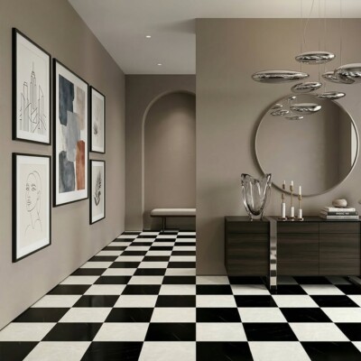 Black, Ming Green Polished Checkerboard Pattern Marble Tiles 12×12 (TL91747) Room Scene Image