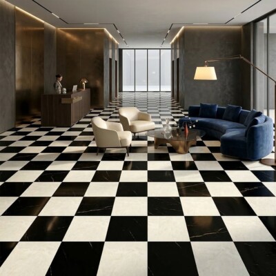 Black, Ming Green Polished Checkerboard Pattern Marble Tiles 12×12 (TL91747) Room Scene Image