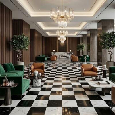 Black, White Carrara C Polished Checkerboard Pattern Marble Tiles 12×12 (TL91748) Room Scene Image