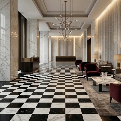 Black, White Carrara C Polished Checkerboard Pattern Marble Tiles 12×12 (TL91748) Room Scene Image
