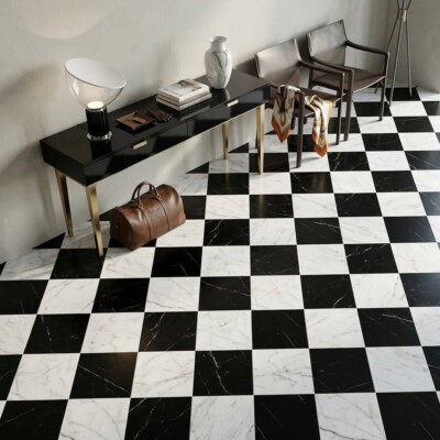 Black, White Carrara C Polished Checkerboard Pattern Marble Tiles 12×12 (TL91748) Room Scene Image