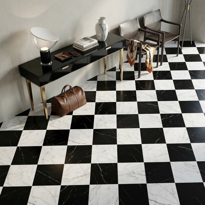 Black, White Carrara C Polished Checkerboard Pattern Marble Tiles 12×12