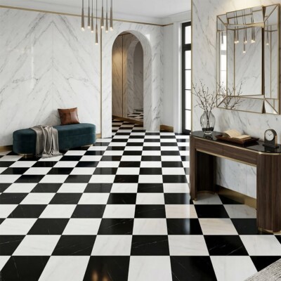 Bianco Dolomiti Classic, Black Polished Checkerboard Pattern Marble Tiles 12×12 (TL91749) Room Scene Image