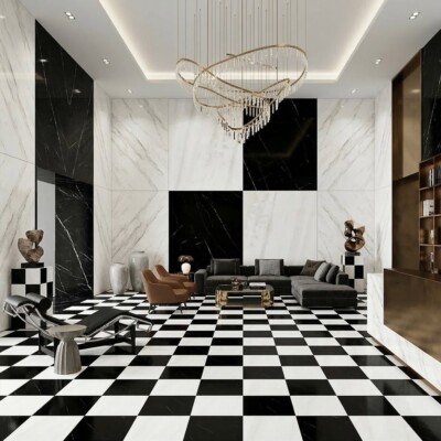 Bianco Dolomiti Classic, Black Polished Checkerboard Pattern Marble Tiles 12×12 (TL91749) Room Scene Image