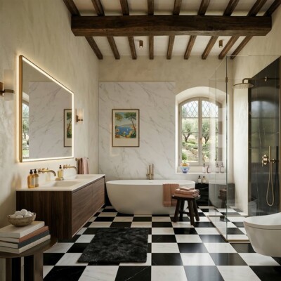 Bianco Dolomiti Classic, Black Polished Checkerboard Pattern Marble Tiles 12×12 (TL91749) Room Scene Image