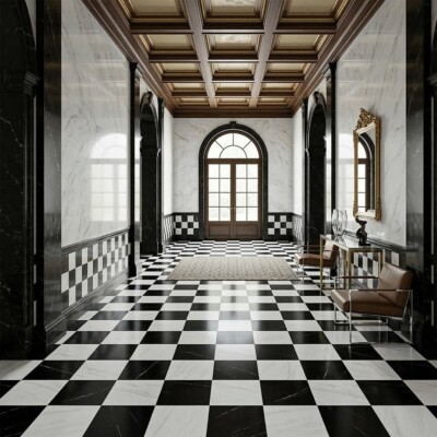 Bianco Dolomiti Classic, Black Polished Checkerboard Pattern Marble Tiles 12×12 (TL91749) Room Scene Image