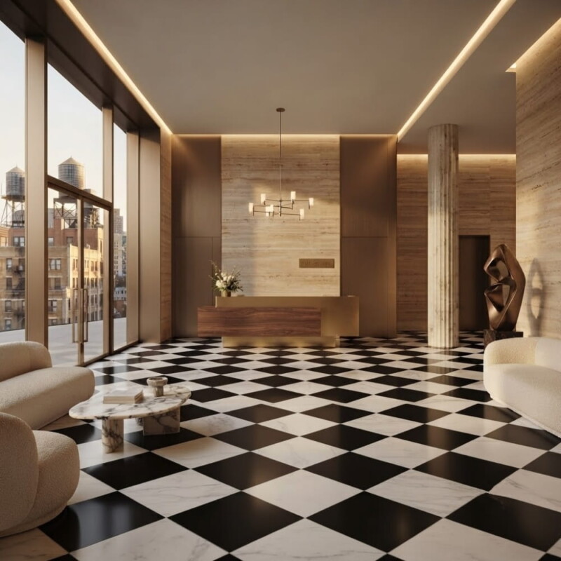 Bianco Dolomiti Classic, Black Polished Checkerboard Pattern Marble Tiles 12×12