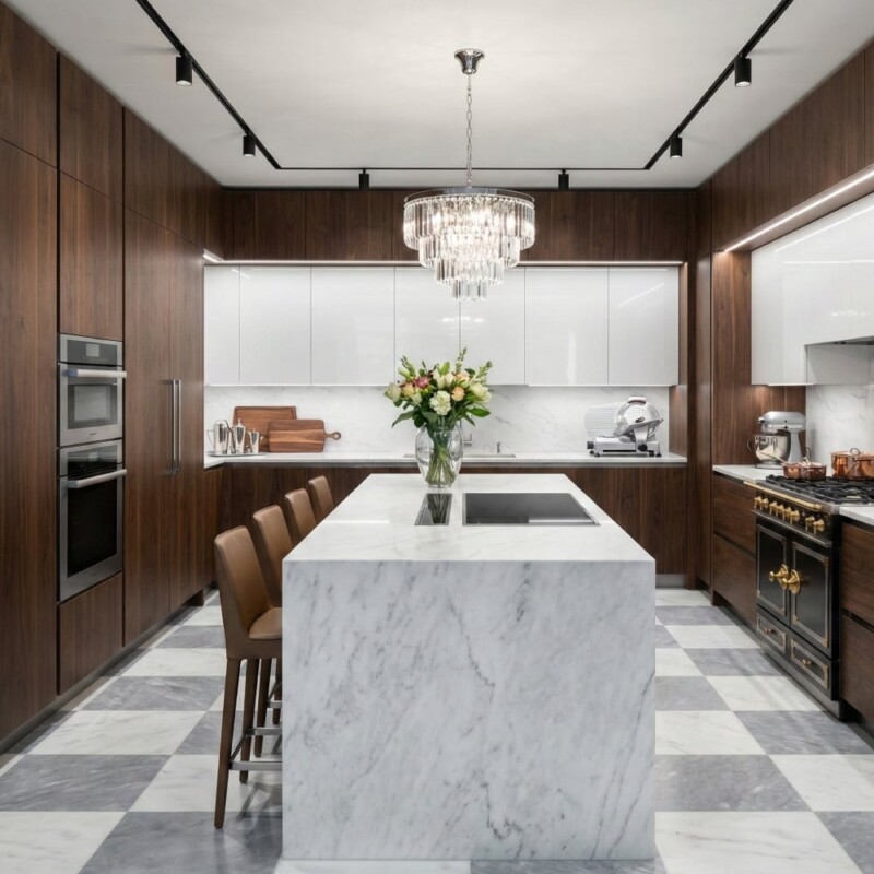 Allure Light, Avalon Polished Checkerboard Pattern Marble Tiles 18×18