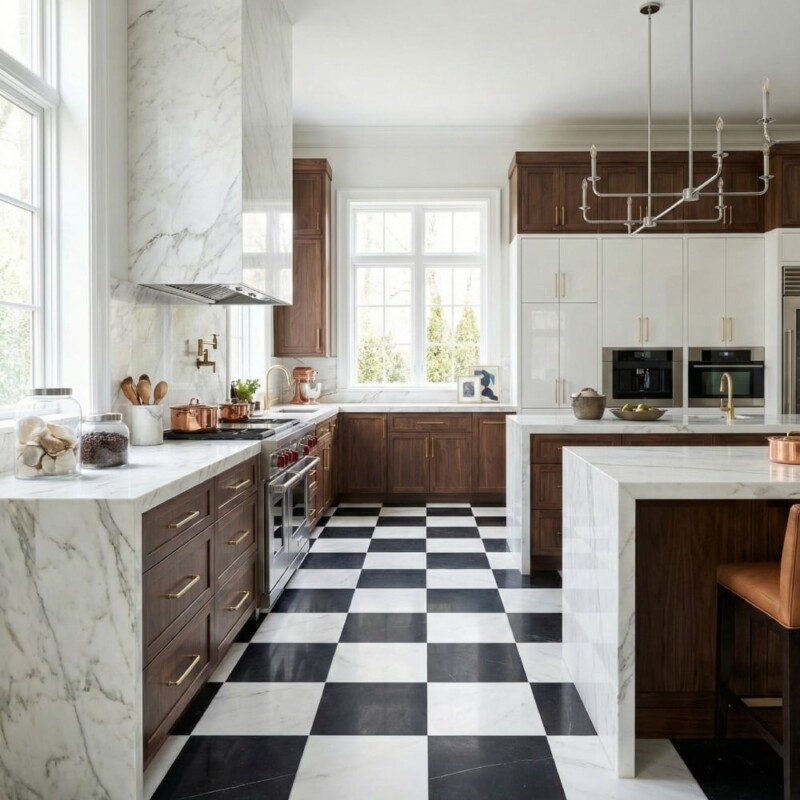 Black, Calacatta Bella Honed Checkerboard Pattern Marble Tiles 18×18